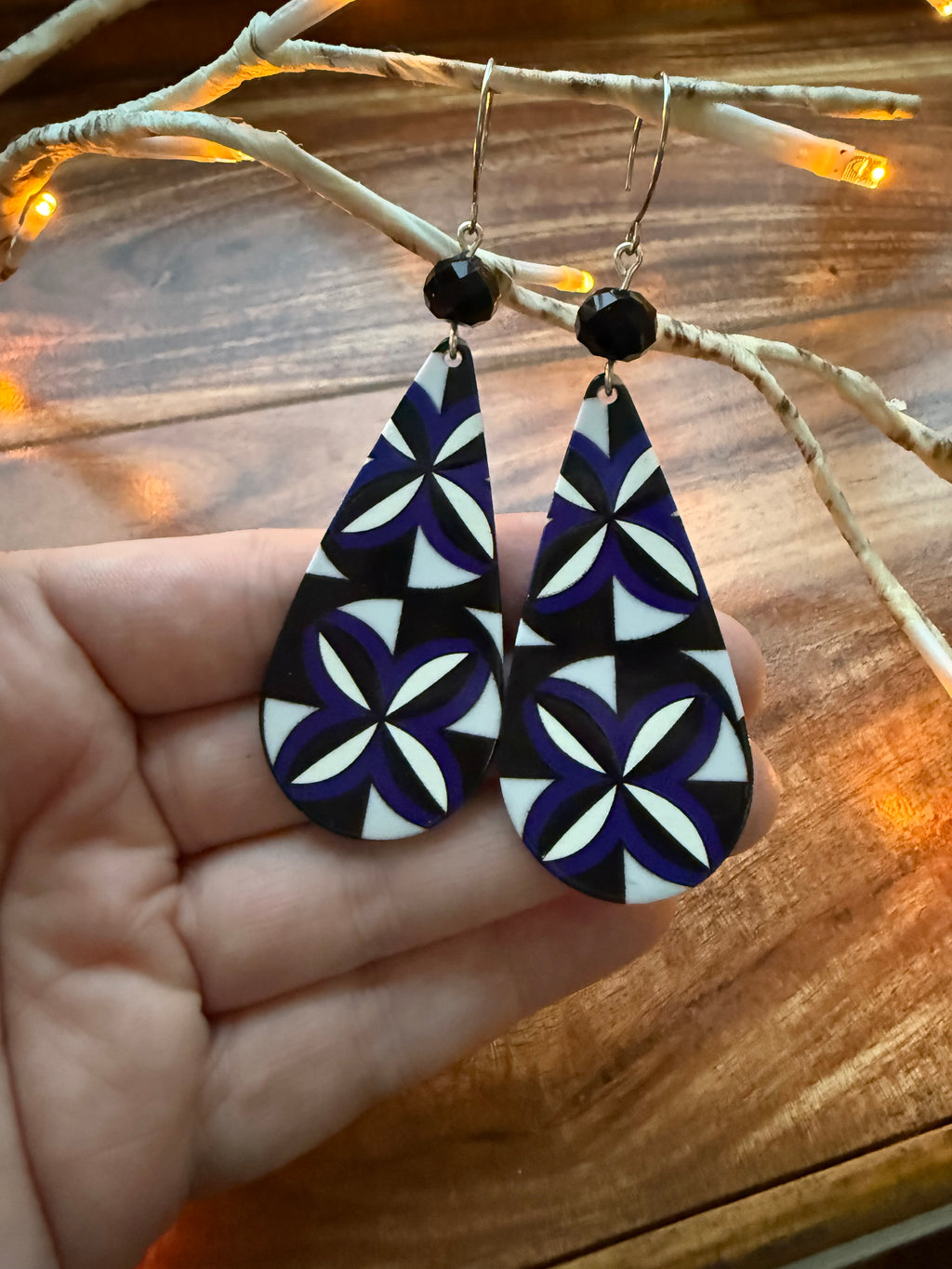 Black, White & Dark Blue Geometric Teardrop Earrings