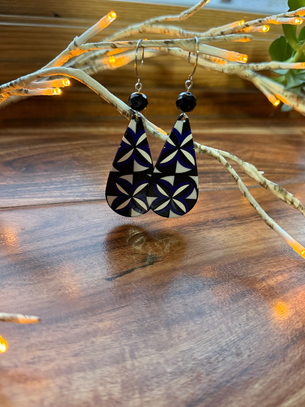 Black, White & Dark Blue Geometric Teardrop Earrings
