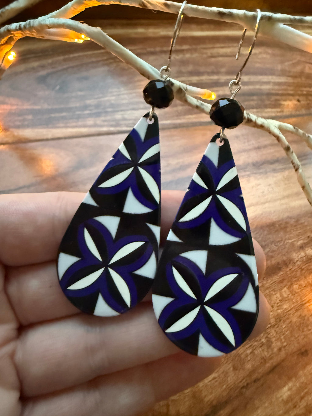 Black, White & Dark Blue Geometric Teardrop Earrings